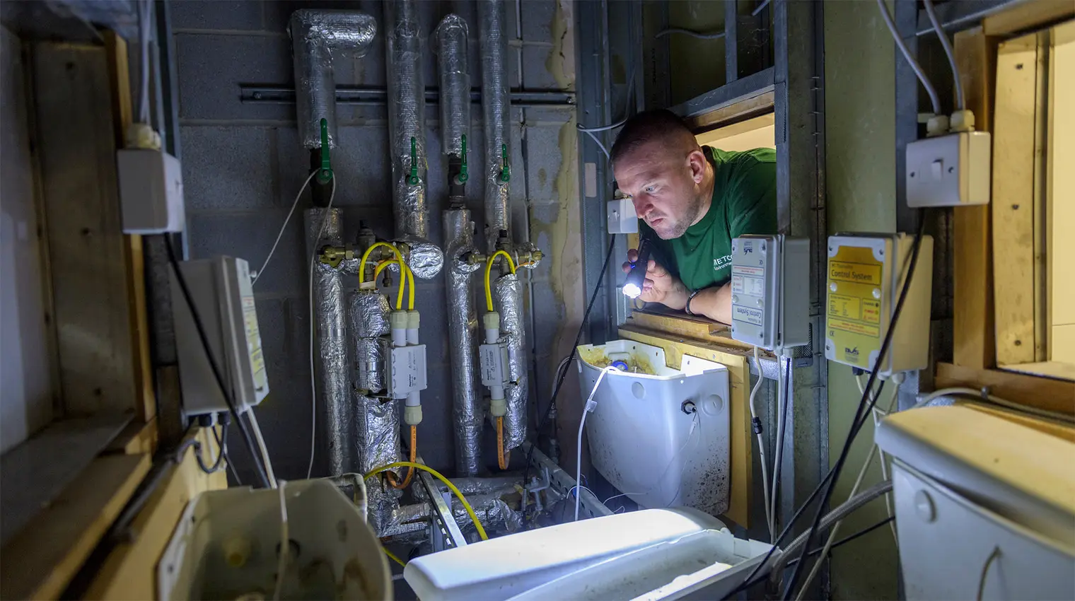 Metcor Engineer checks internal plumbing and drains